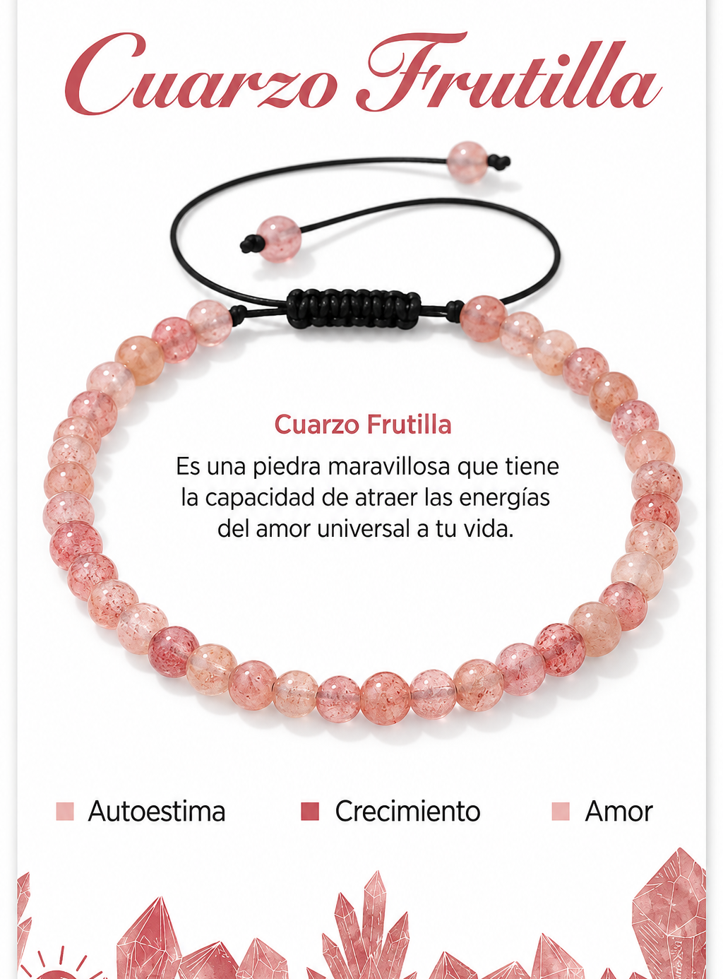 Pulsera Cuarzo Frutilla 4mm Nudo Corredizo
