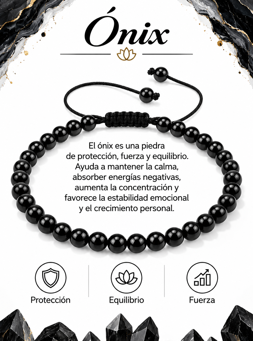 Pulsera Onix Brillante 4mm Nudo Corredizo