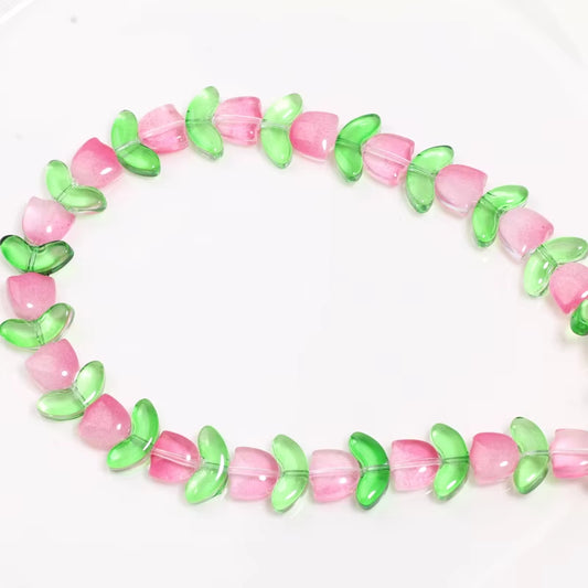 Cuentas Tulipanes Rosado con Hojas Verdes - 10 Unid