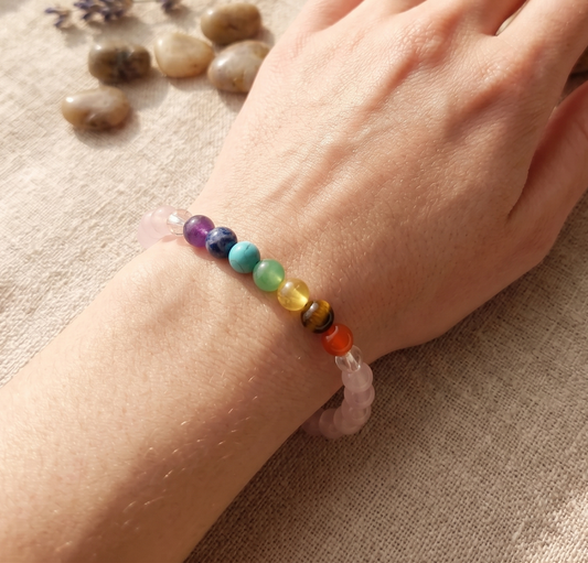 Pulsera 7 chakras Con Cuarzo Rosado 4mm