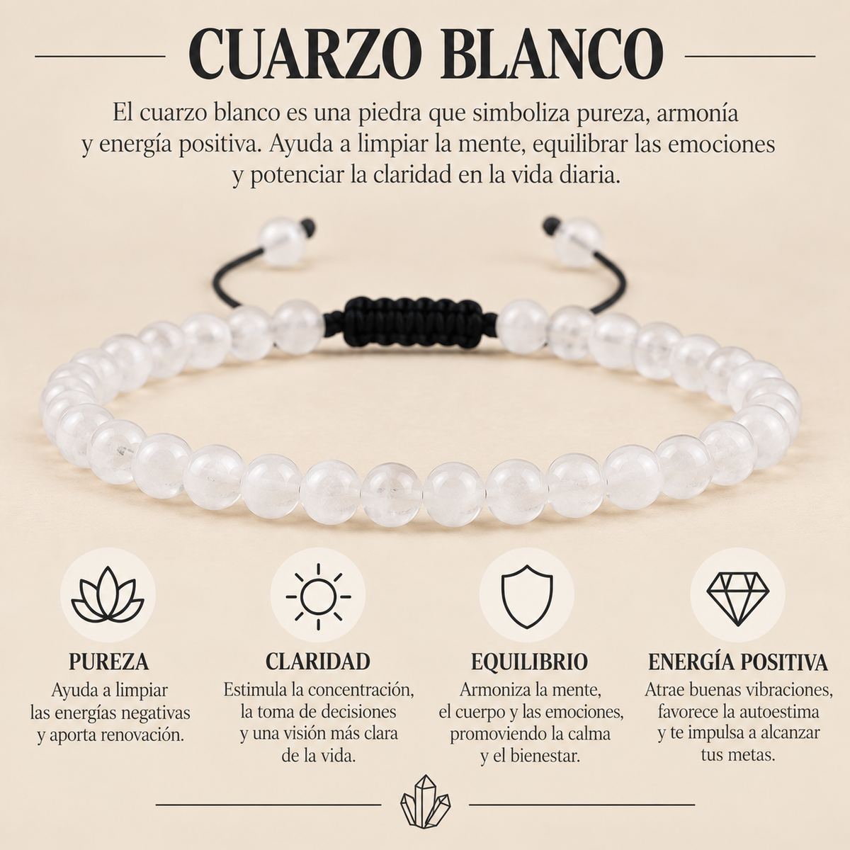 Pulsera Cuarzo Blanco 4mm Nudo Corredizo