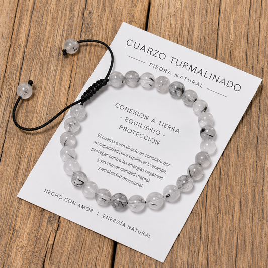 Pulsera Tejida Cuarzo Turmalinado 6mm