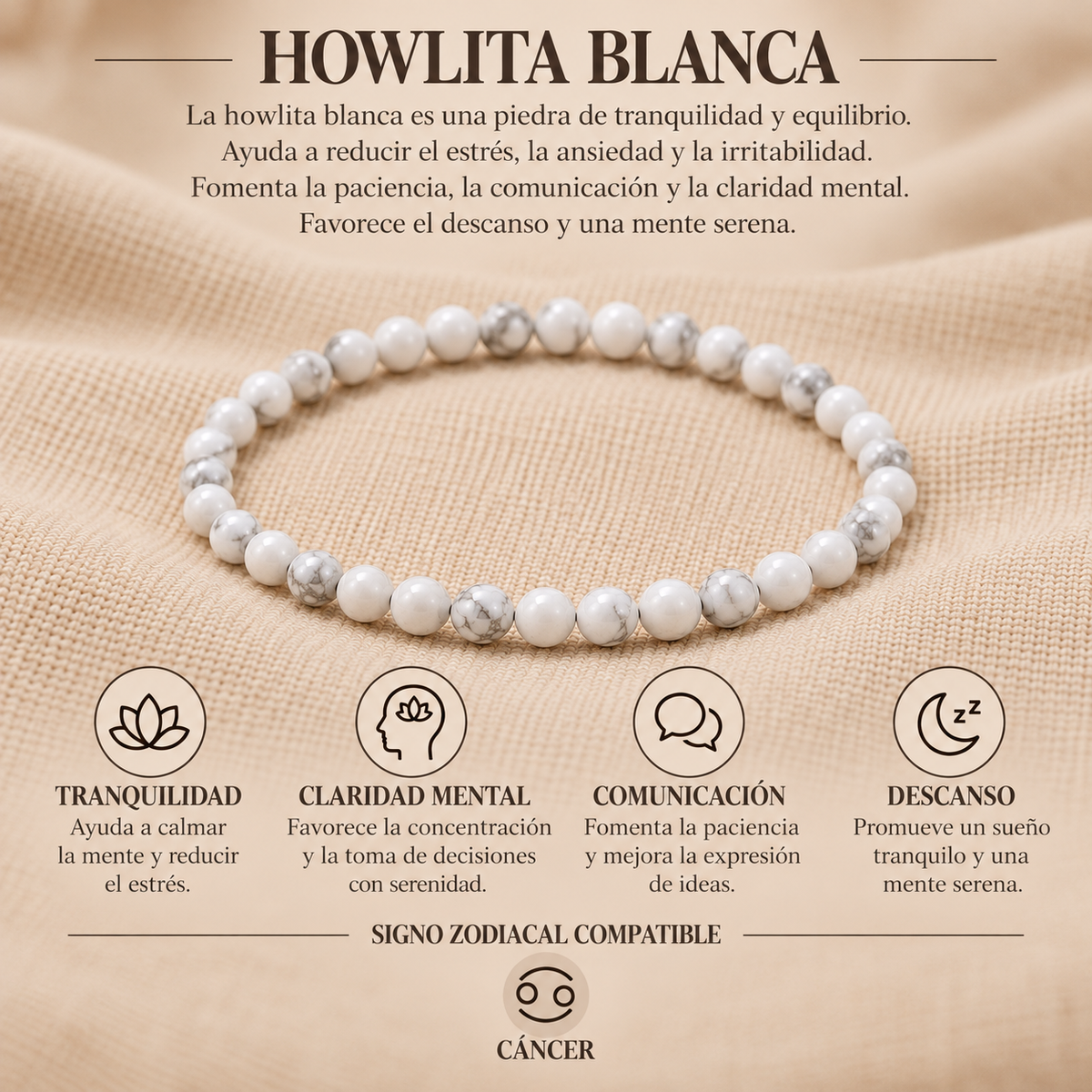 Pulsera Howlita Blanca 4mm Elasticada