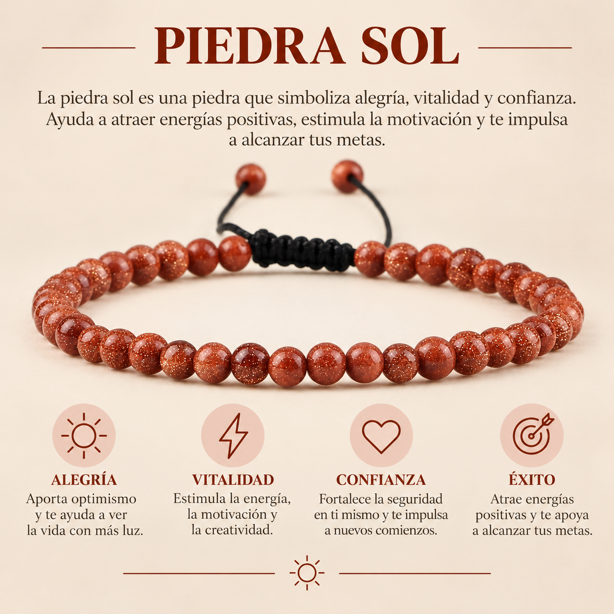 Pulsera Piedra Sol 4mm Nudo Corredizo