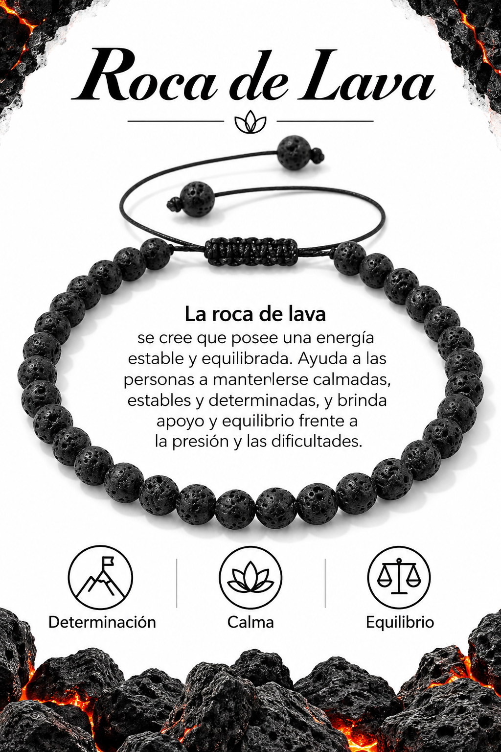 Pulsera Piedra Volcanica 4mm Nudo Corredizo