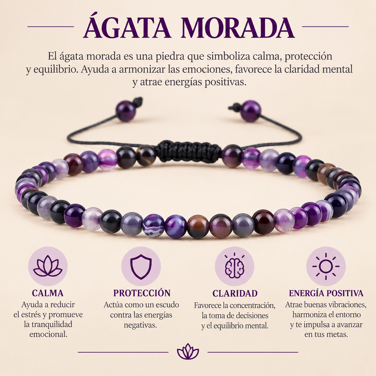 Pulsera Agata Morada 4mm Nudo Corredizo