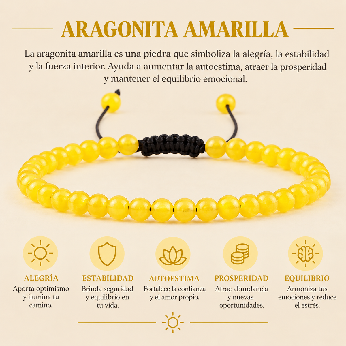 Pulsera Aragonita Amarilla 4mm Nudo Corredizo