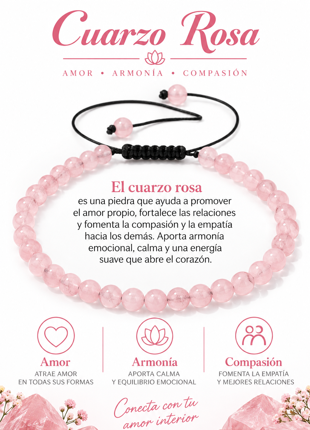 Pulsera Cuarzo Rosado 4mm Nudo Corredizo