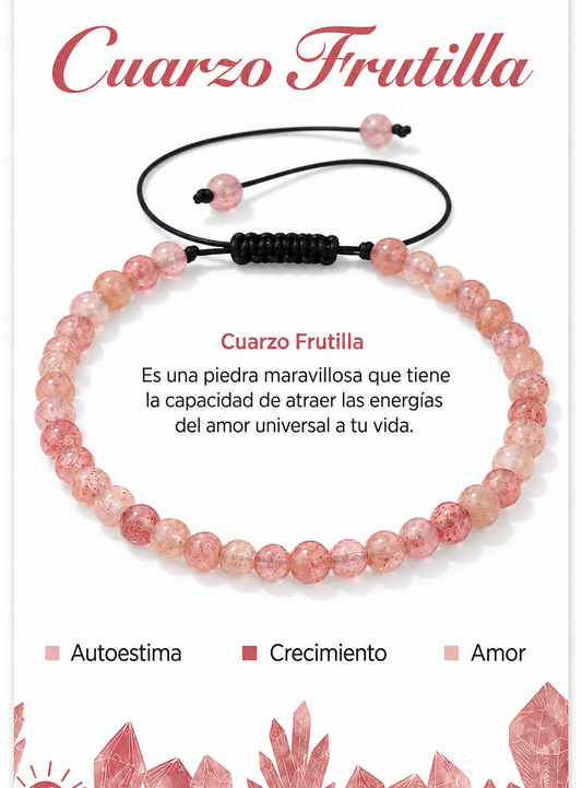 Pulsera Cuarzo Frutilla 4mm Nudo Corredizo