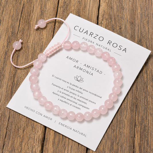 Pulsera Tejida Cuarzo Rosado 6mm