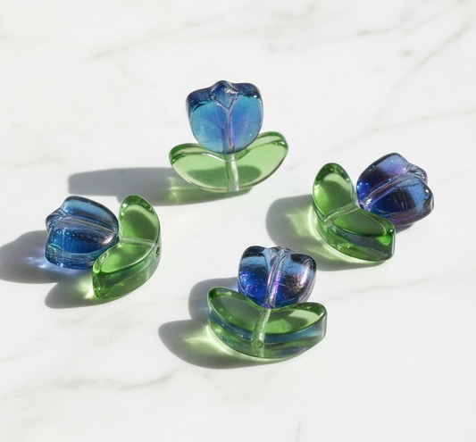 Cuentas Tulipanes Morado con Hojas Verdes - 10 Unid