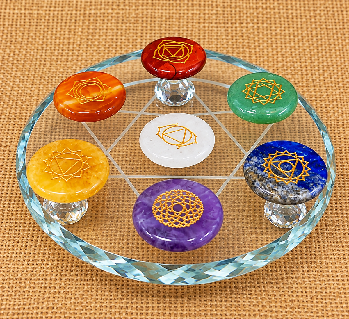 Set 7 Chakras Grabado Con Base Cristal