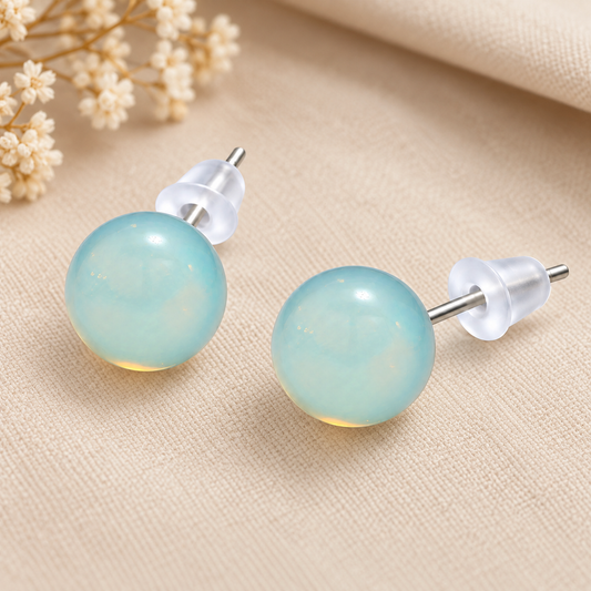 Aros Bolita Piedra Luna 10mm Acero