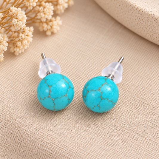 Aros Bolita Piedra Turquesa 10mm Acero