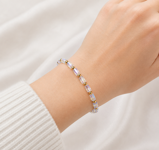 Pulsera Cristal Blanco Facetado Con Separadores Dorados