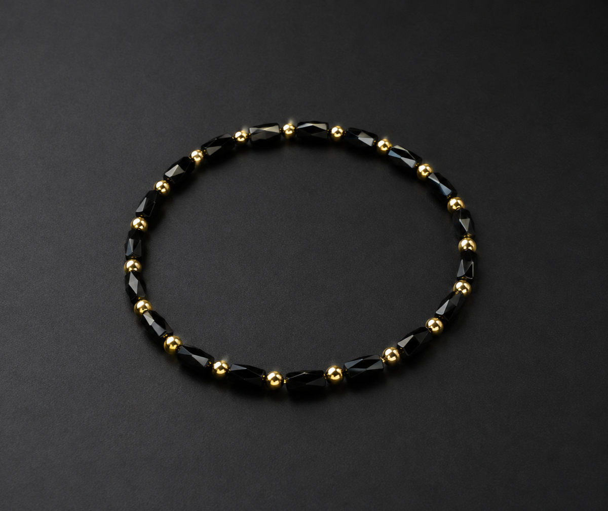 Pulsera Cristal Negro Facetado Con Separadores Dorados