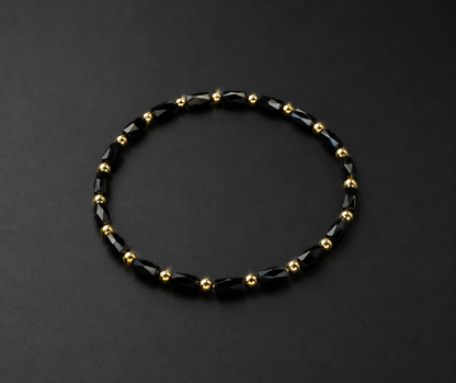 Pulsera Cristal Negro Facetado Con Separadores Dorados