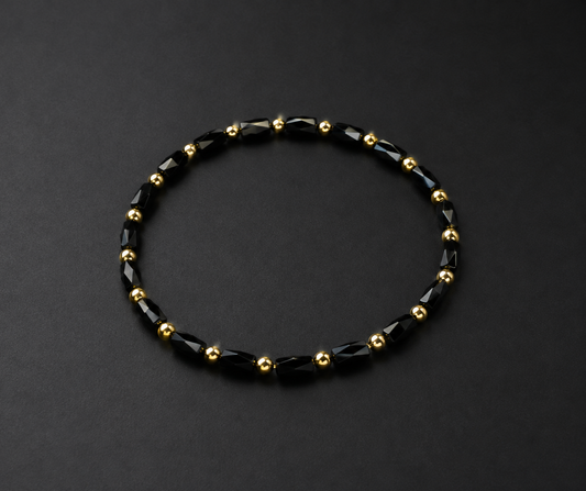 Pulsera Cristal Negro Facetado Con Separadores Dorados