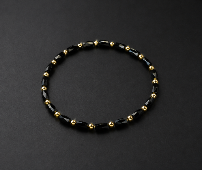 Pulsera Cristal Negro Facetado Con Separadores Dorados
