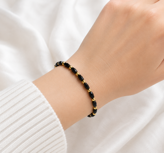 Pulsera Cristal Negro Facetado Con Separadores Dorados