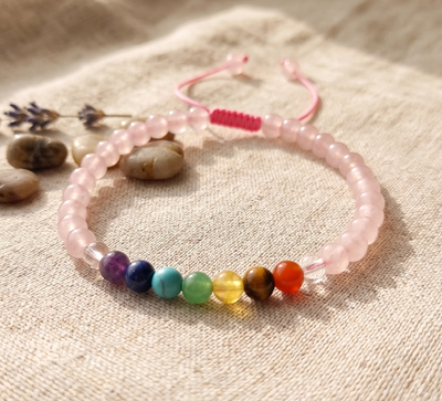Pulsera 7 chakras Con Cuarzo Rosado 4mm