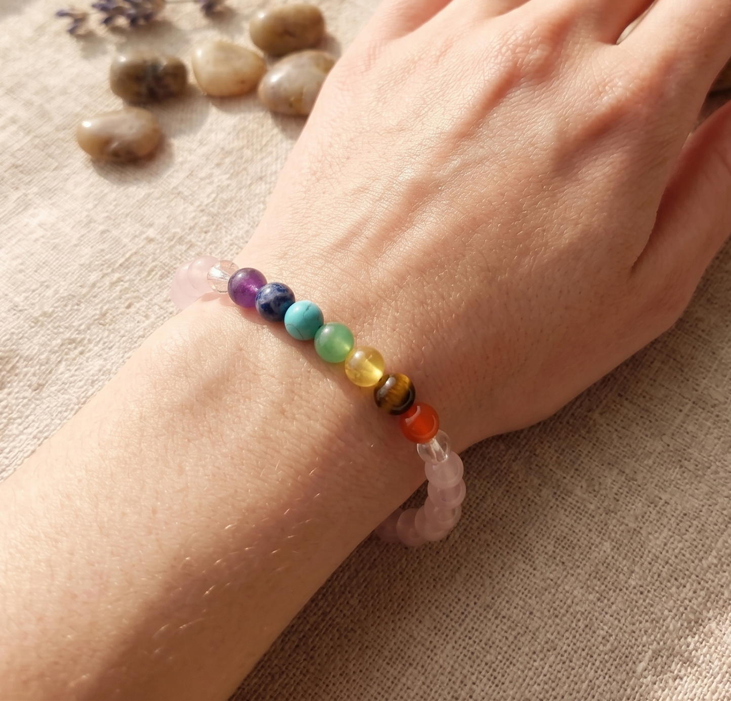 Pulsera 7 chakras Con Cuarzo Rosado 4mm