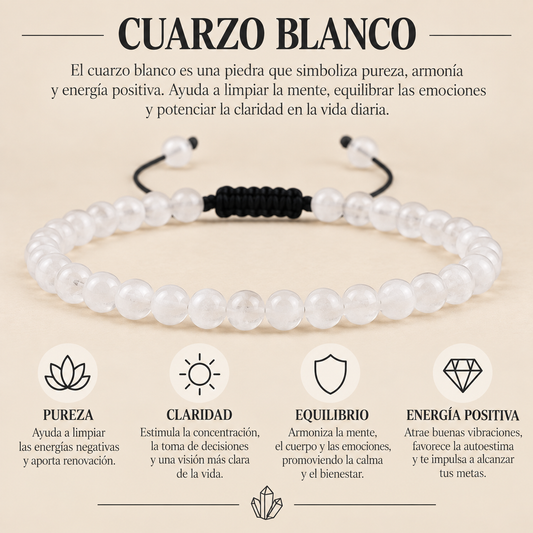 Pulsera Cuarzo Blanco 4mm Nudo Corredizo