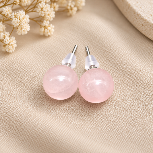 Aros Bolita Cuarzo Rosado 10mm Acero