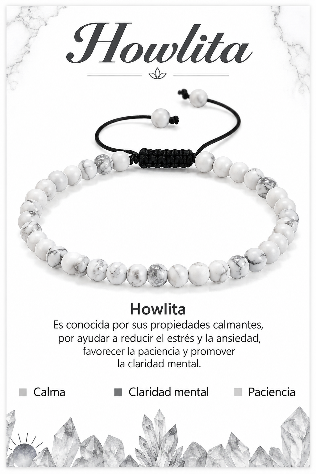 Pulsera Howlita blanca 4mm Nudo Corredizo
