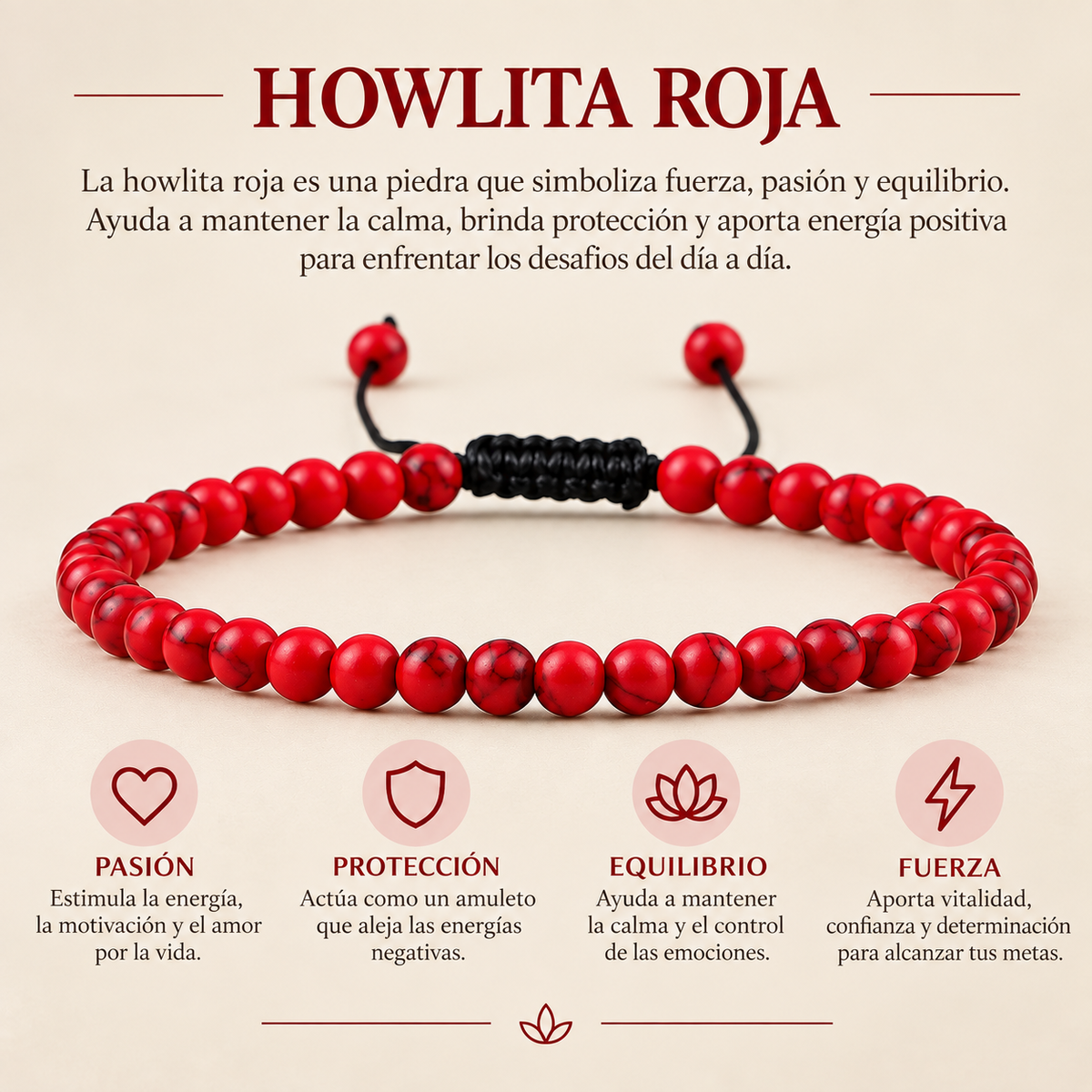 Pulsera Howlita Roja 4mm Nudo Corredizo