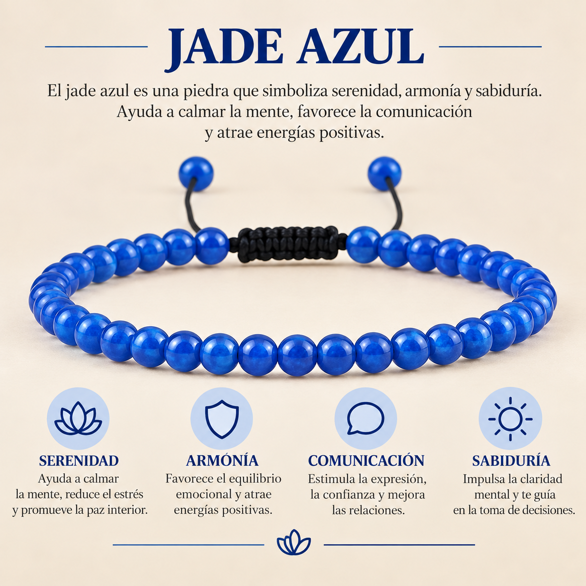 Pulsera Jade Azul 4mm Nudo Corredizo