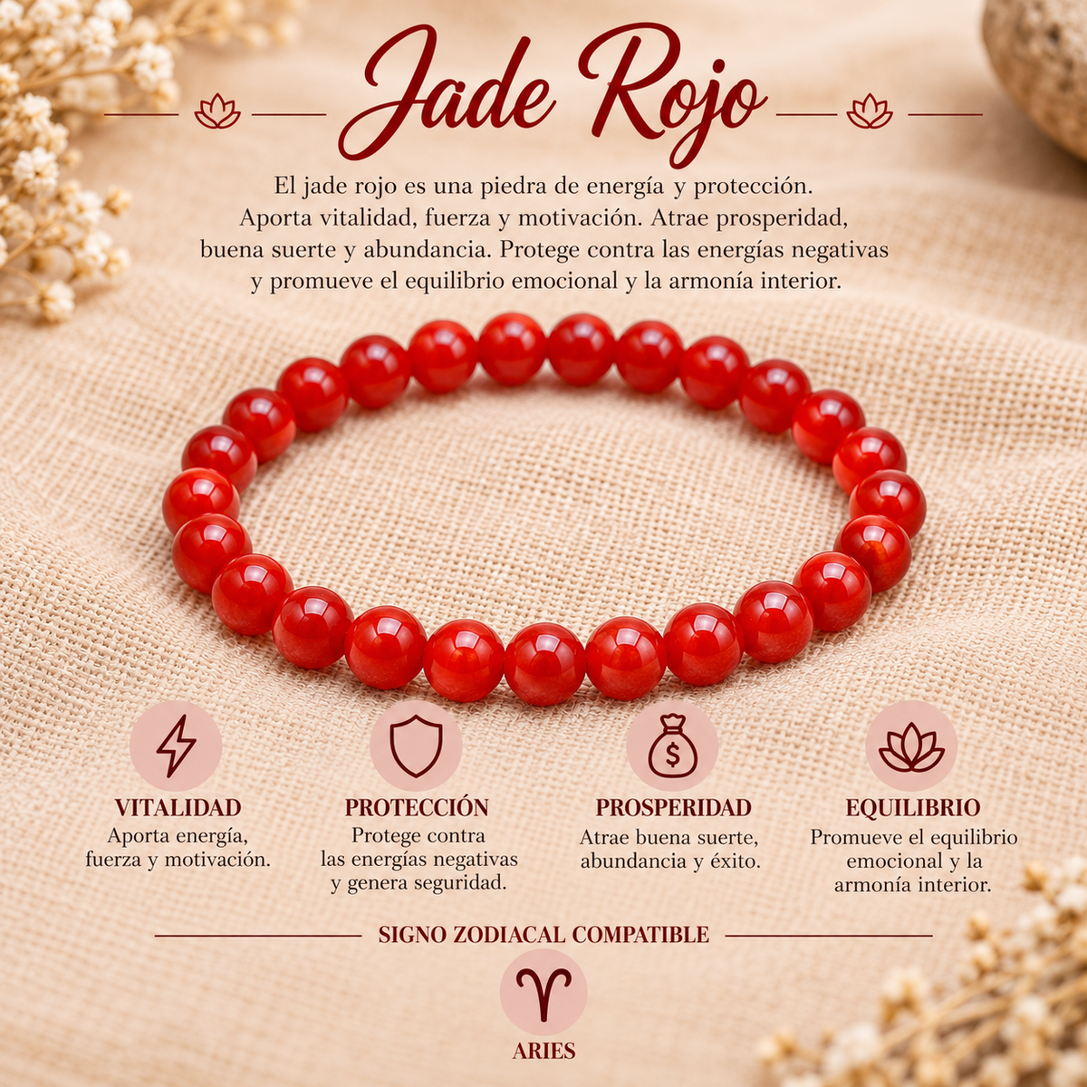 Pulsera Jade Rojo 4mm Elasticada
