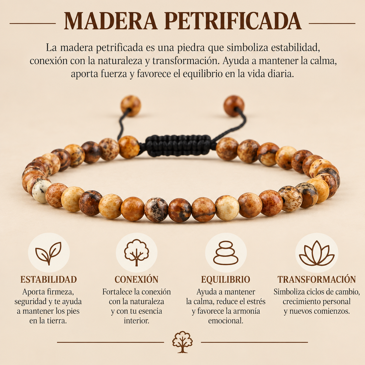 Pulsera Madera Petrificada 4mm Nudo Corredizo