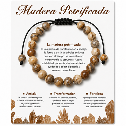 Pulsera Madera Petrificada Natural Tejida 8mm
