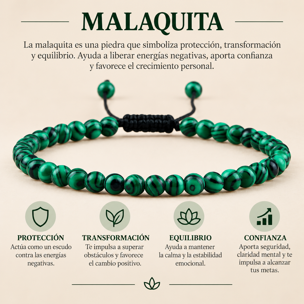 Pulsera Malaquita Reconstituida 4mm Nudo Corredizo