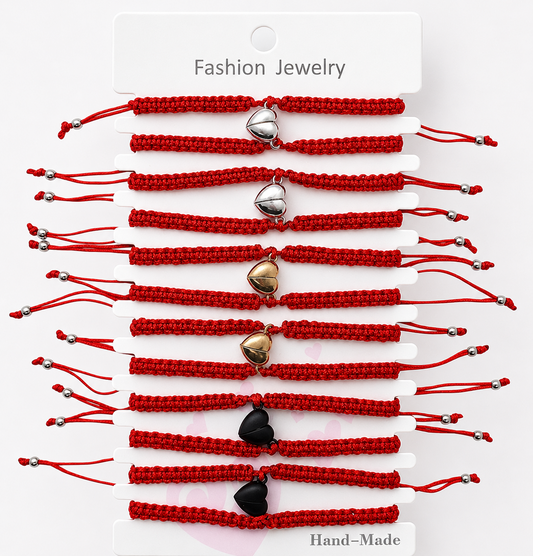12 Pulseras Rojas Corazón Imantado Nudo Corredizo