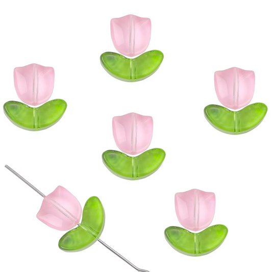 Cuentas Tulipanes Rosado con Hojas Verdes - 10 Unid