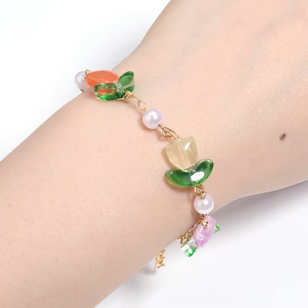 Cuentas Tulipanes Rosado con Hojas Verdes - 10 Unid