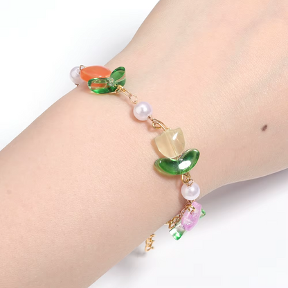 Cuentas Tulipanes Rosado con Hojas Verdes - 10 Unid